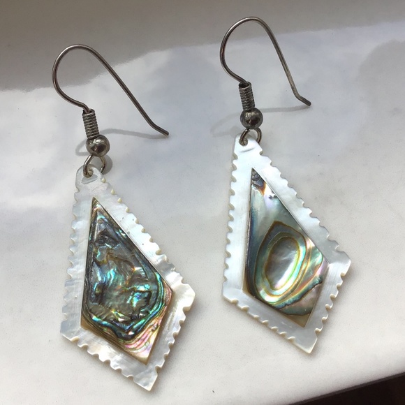 Vintage Abalone Shell & Mother of Pearl Dangle Earrings Pierced - Picture 9 of 15